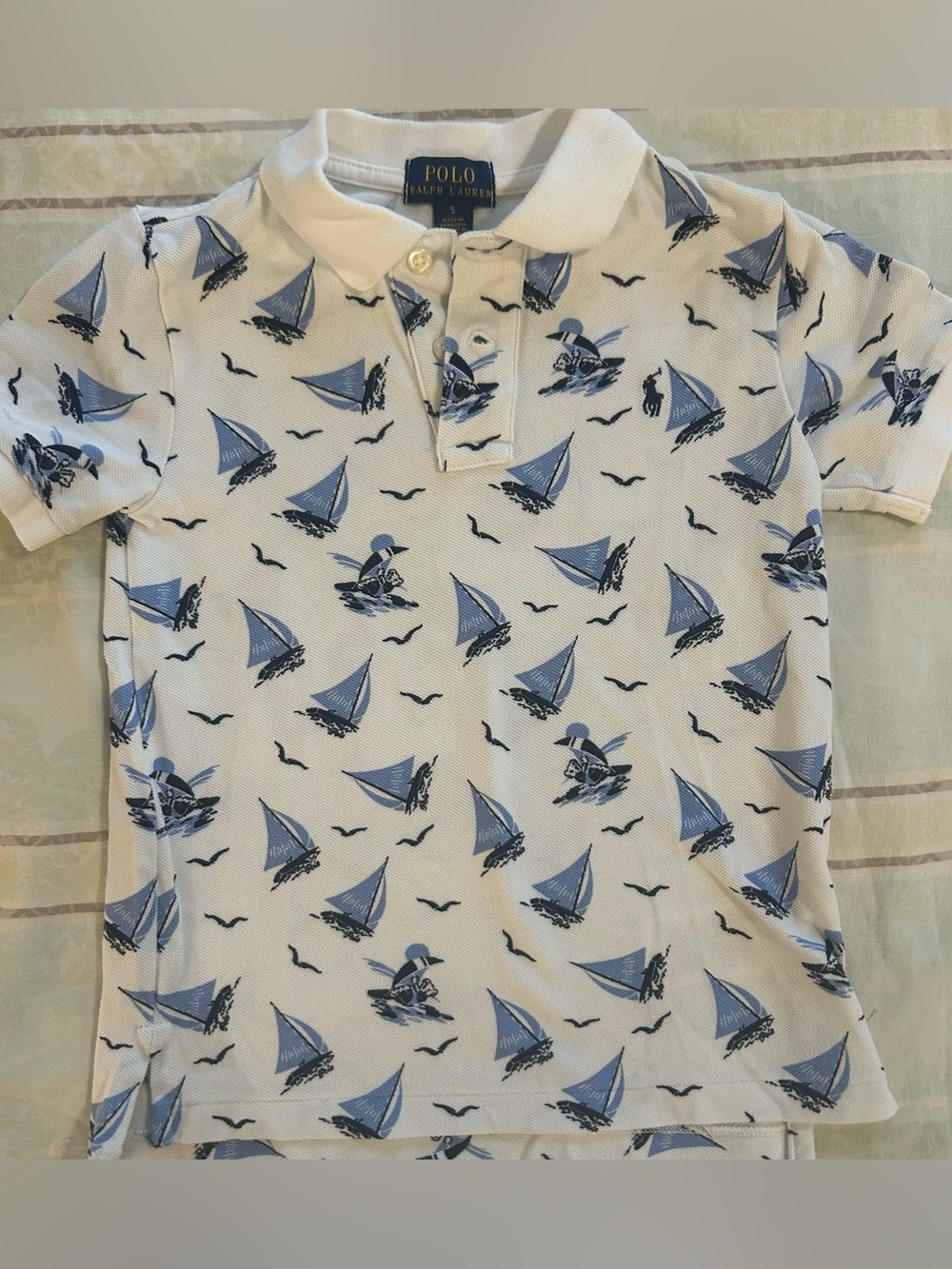 Polo Ralph Lauren Boy’s White Short Sleeve Polo Shirt Blue Sailboat Print 5
